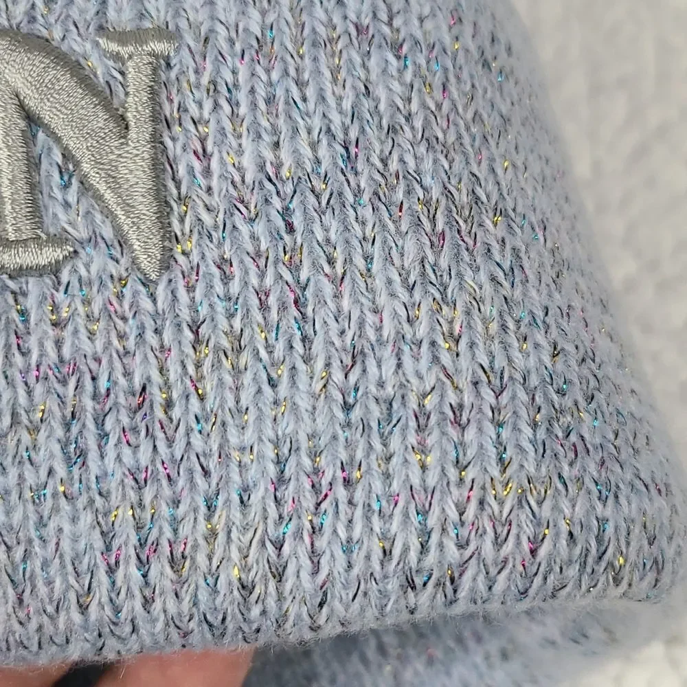 UNICORN Embroidered Light Blue Fuzzy Pom Pom Beanie Knit Winter Hat One Size NEW